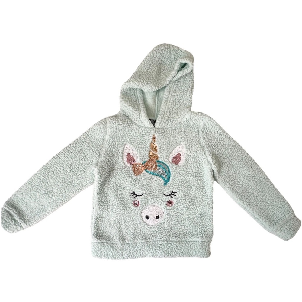 Miss Mc Chievous M Girls Sherpa Fleece Unicorn Hoodie Mint Green Sequin